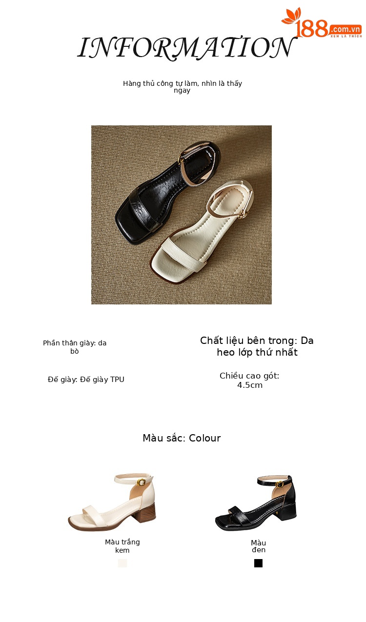 Sandal quai ngang nữ gót thô da thật kiểu Pháp, đế mềm hở ngón — Màu đen, Màu trắng be chi tiết 2