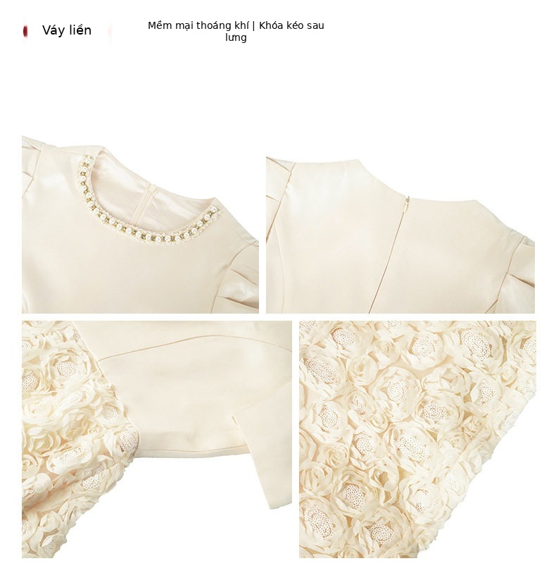 Đầm suông nữ midi tay ngắn cổ tròn chất liệu polyester phong cách phương Tây — [Màu hồng đào] chi tiết 3