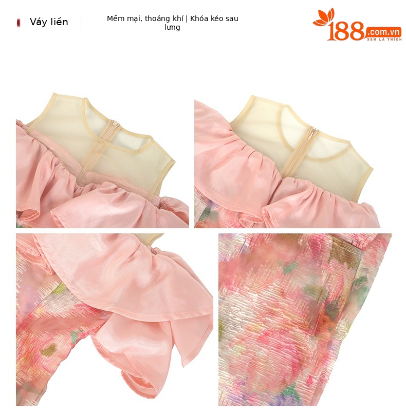 Đầm maxi nữ thiết kế kiểu Pháp trễ vai xếp bèo ôm eo in họa tiết — Màu hồng chi tiết 2