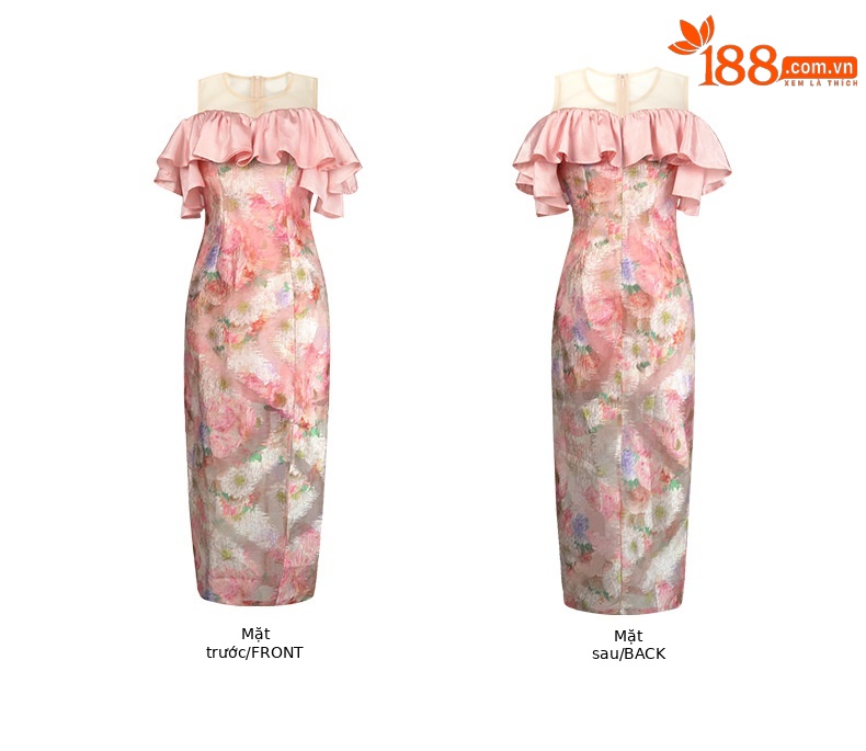 Đầm maxi nữ thiết kế kiểu Pháp trễ vai xếp bèo ôm eo in họa tiết — Màu hồng chi tiết 3