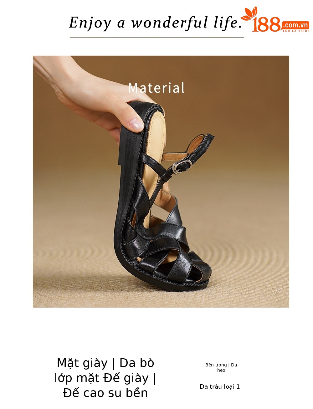 Dép sandal nữ mũi nhọn da bò quai chữ v gót thấp — màu be chi tiết 2
