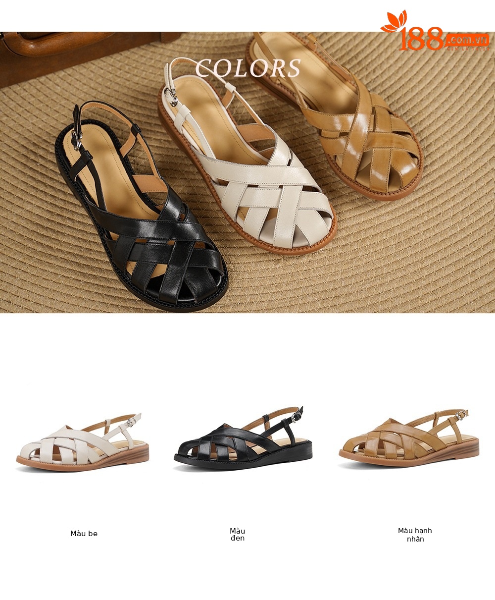 Dép sandal nữ mũi nhọn da bò quai chữ v gót thấp — màu be chi tiết 3