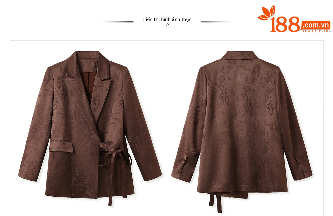 Áo khoác blazer nữ phong cách Trung Hoa cao cấp, chất liệu acetate in họa tiết dân tộc, buộc dây trước — đen, Màu cà phê chi tiết 1