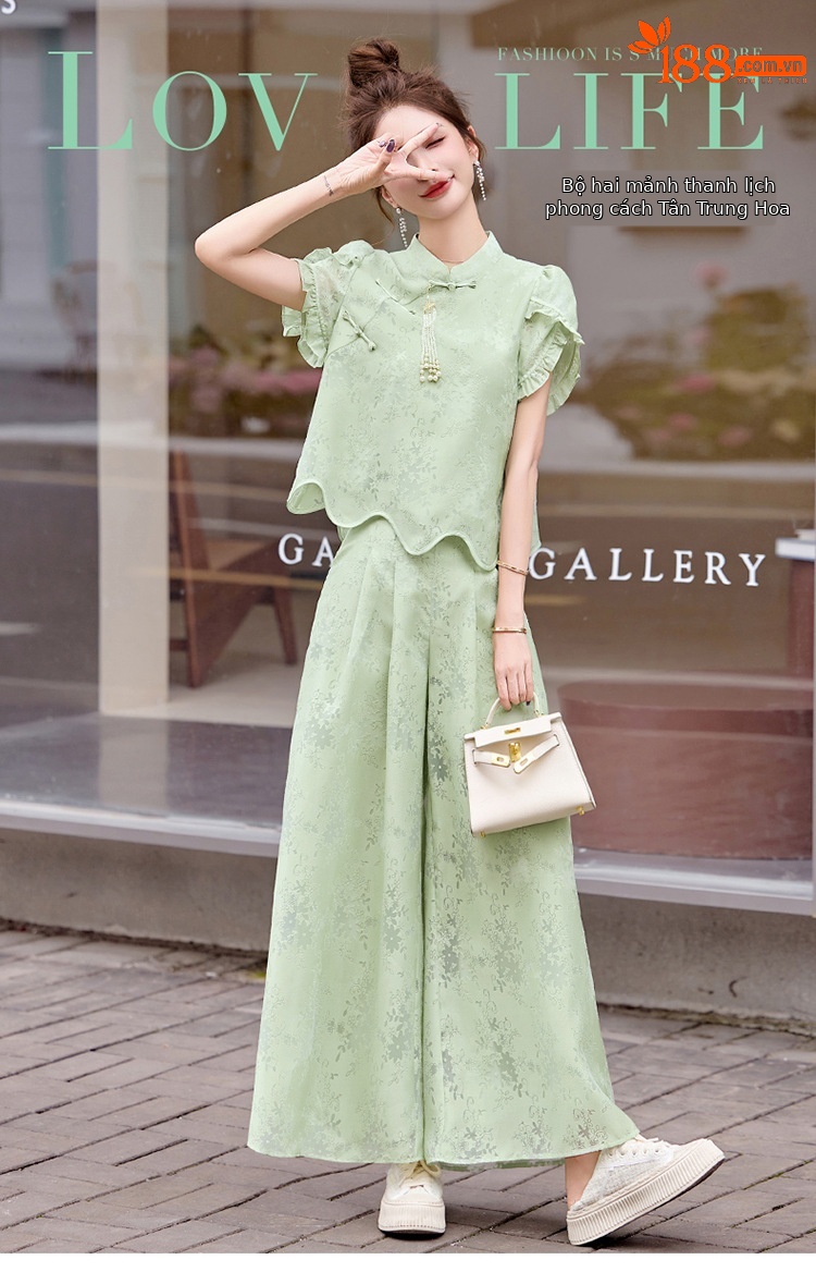 Bộ váy hai mảnh tay ngắn phong cách Trung Hoa cổ điển họa tiết jacquard mùa hè 2025 — Màu vàng be, Màu xanh lá chi tiết 1