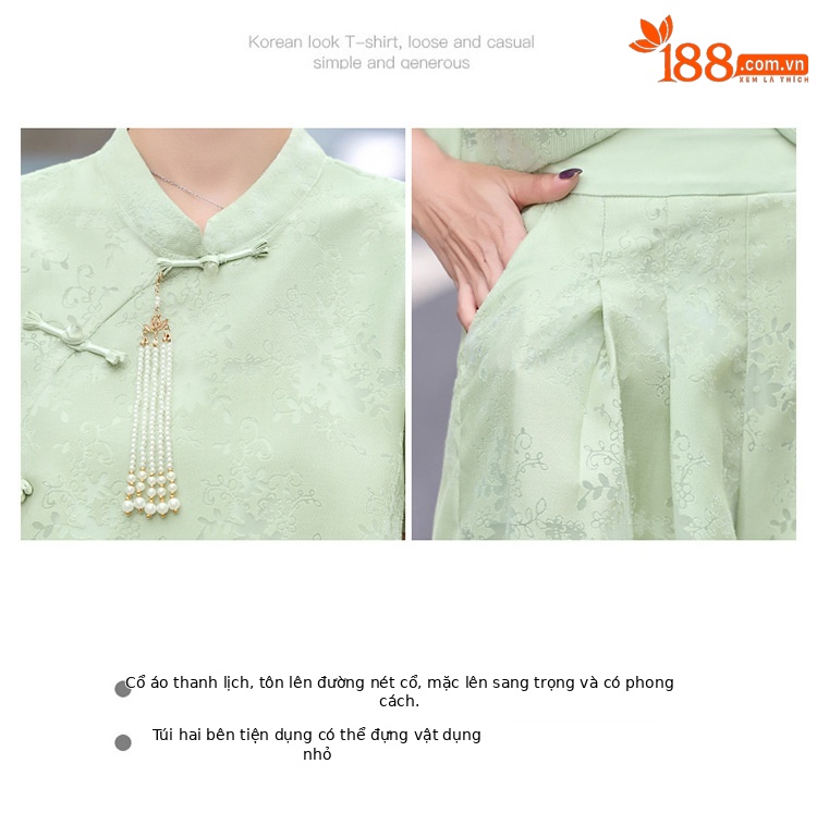 Bộ váy hai mảnh tay ngắn phong cách Trung Hoa cổ điển họa tiết jacquard mùa hè 2025 — Màu vàng be, Màu xanh lá chi tiết 4