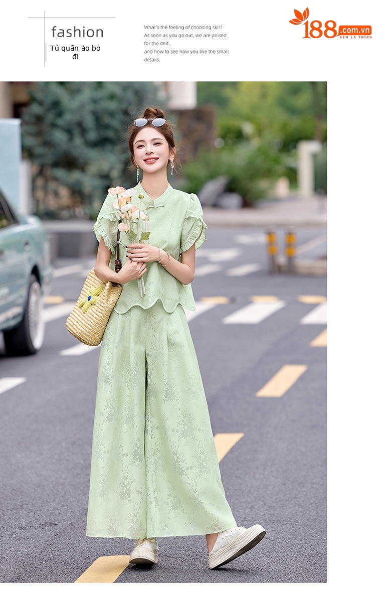 Bộ váy hai mảnh tay ngắn phong cách Trung Hoa cổ điển họa tiết jacquard mùa hè 2025 — Màu vàng be, Màu xanh lá chi tiết 17