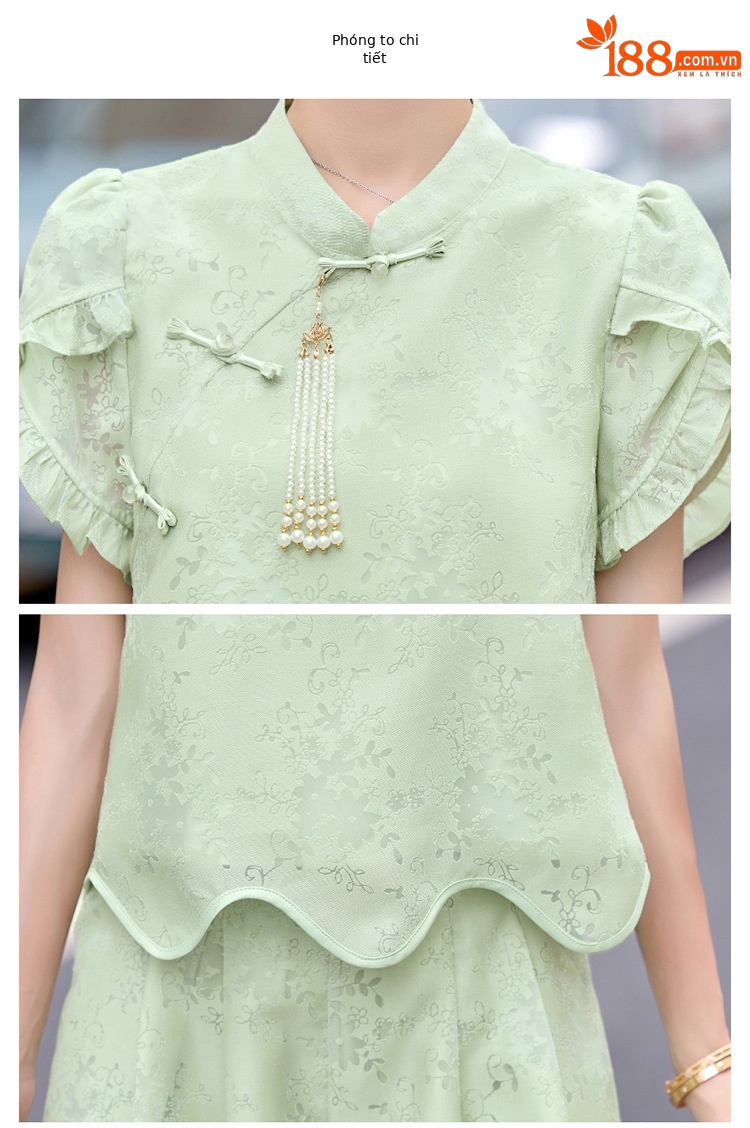 Bộ váy hai mảnh tay ngắn phong cách Trung Hoa cổ điển họa tiết jacquard mùa hè 2025 — Màu vàng be, Màu xanh lá chi tiết 34