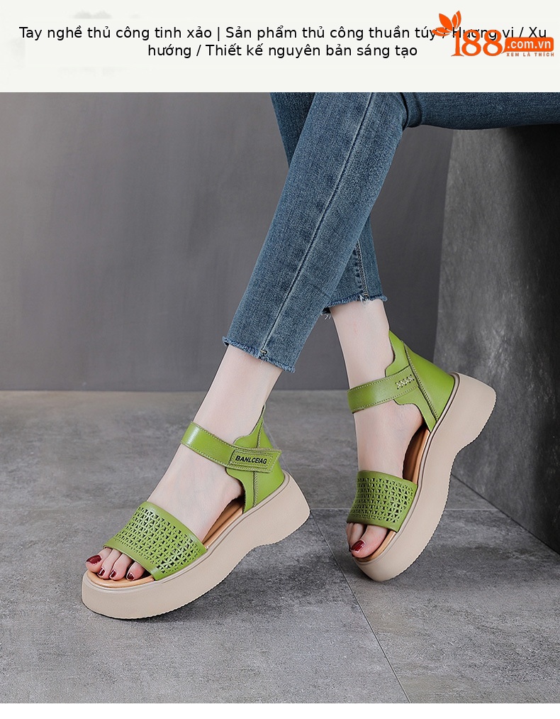 Dép sandal nữ quai chữ V da bò thật, đế mềm Velcro — màu xanh lá cây chi tiết 1