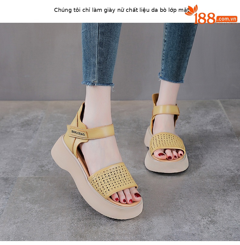 Dép sandal nữ quai chữ V da bò thật, đế mềm Velcro — màu xanh lá cây chi tiết 2