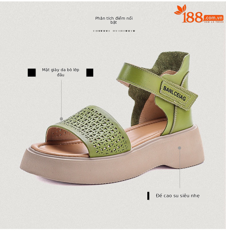 Dép sandal nữ quai chữ V da bò thật, đế mềm Velcro — màu xanh lá cây chi tiết 3