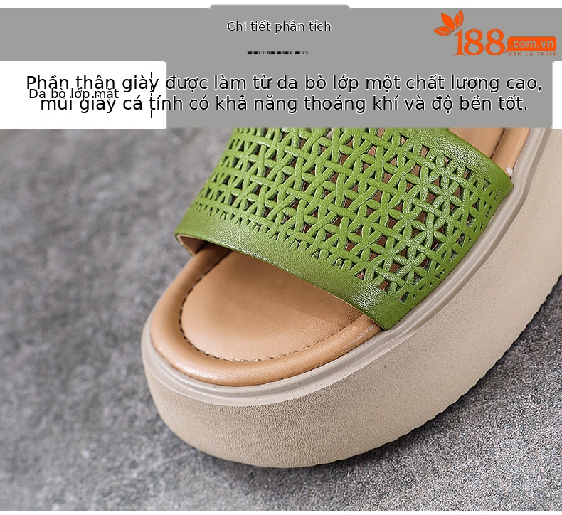Dép sandal nữ quai chữ V da bò thật, đế mềm Velcro — màu xanh lá cây chi tiết 4