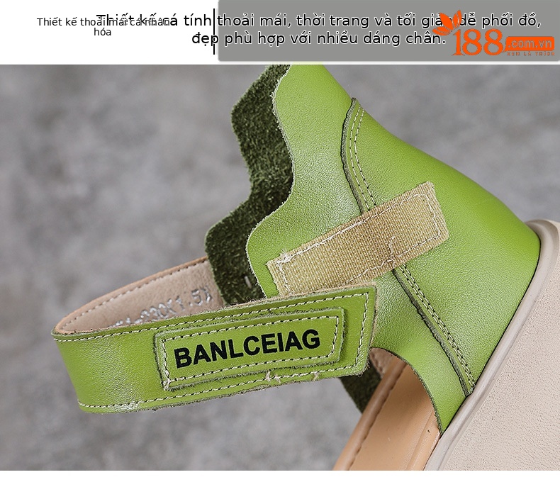 Dép sandal nữ quai chữ V da bò thật, đế mềm Velcro — màu xanh lá cây chi tiết 5