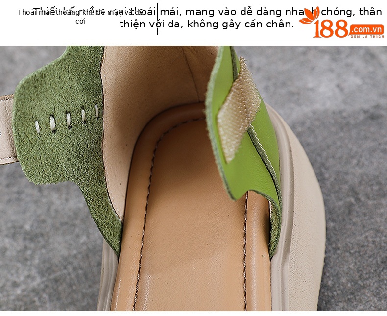Dép sandal nữ quai chữ V da bò thật, đế mềm Velcro — màu xanh lá cây chi tiết 6