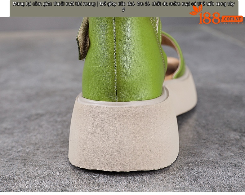Dép sandal nữ quai chữ V da bò thật, đế mềm Velcro — màu xanh lá cây chi tiết 8