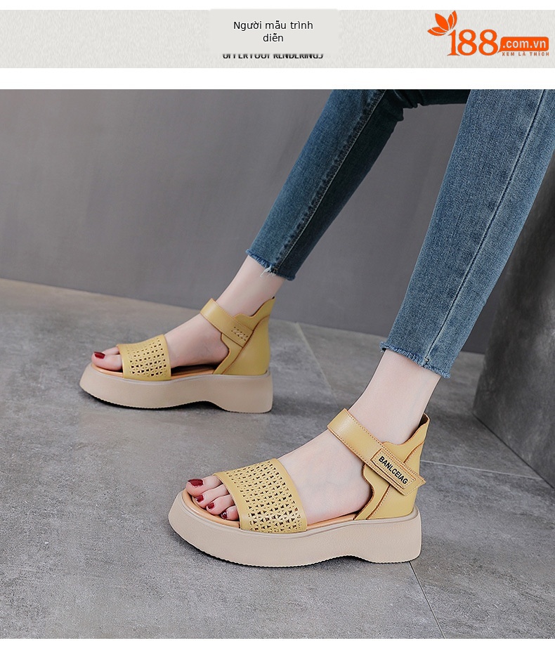 Dép sandal nữ quai chữ V da bò thật, đế mềm Velcro — màu xanh lá cây chi tiết 9