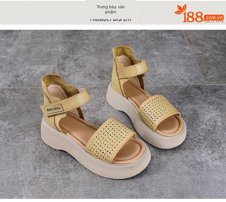 Dép sandal nữ quai chữ V da bò thật, đế mềm Velcro — màu xanh lá cây chi tiết 10