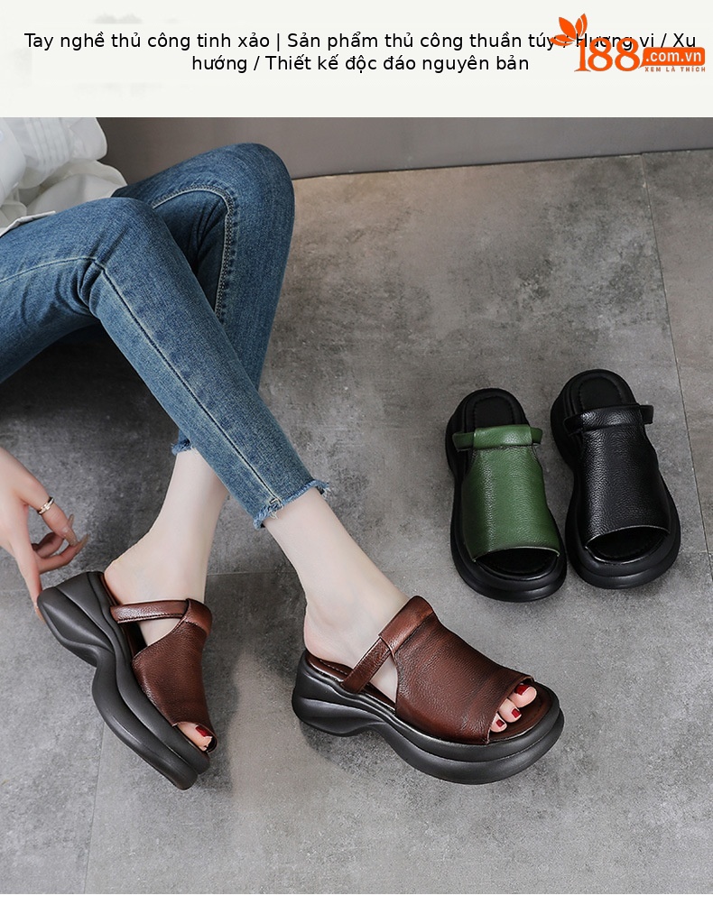 Dép sandal nữ quai ngang da bò thật đế mềm đi biển phong cách cổ điển — Màu nâu chi tiết 1