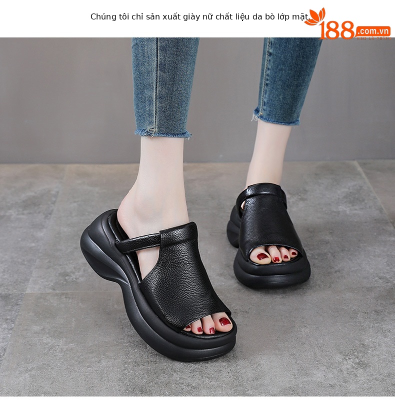 Dép sandal nữ quai ngang da bò thật đế mềm đi biển phong cách cổ điển — Màu nâu chi tiết 2
