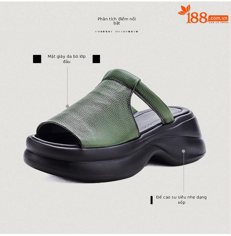 Dép sandal nữ quai ngang da bò thật đế mềm đi biển phong cách cổ điển — Màu nâu chi tiết 3