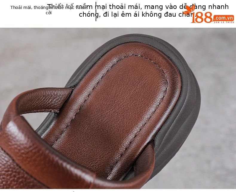 Dép sandal nữ quai ngang da bò thật đế mềm đi biển phong cách cổ điển — Màu nâu chi tiết 6