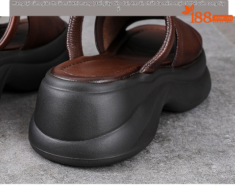 Dép sandal nữ quai ngang da bò thật đế mềm đi biển phong cách cổ điển — Màu nâu chi tiết 8