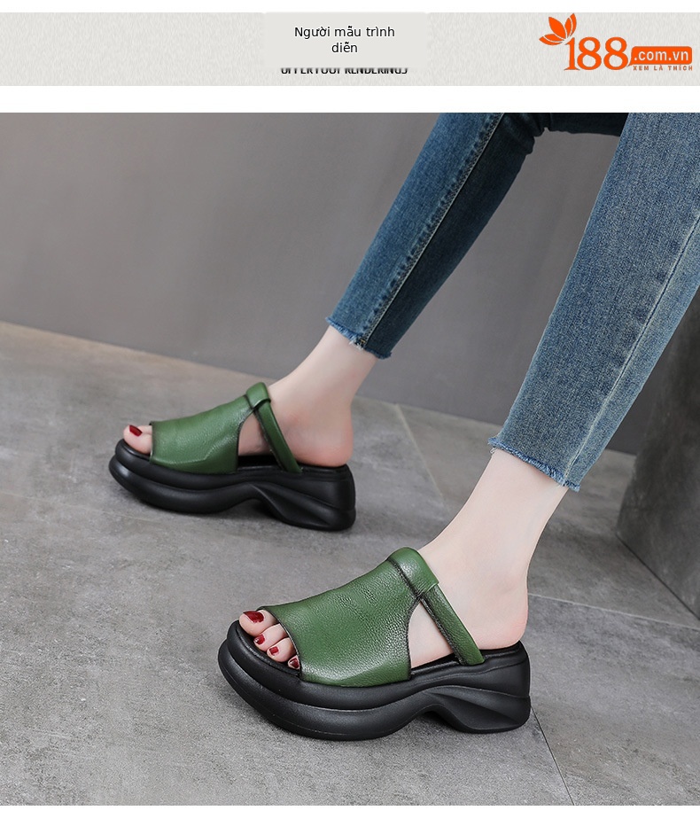 Dép sandal nữ quai ngang da bò thật đế mềm đi biển phong cách cổ điển — Màu nâu chi tiết 9