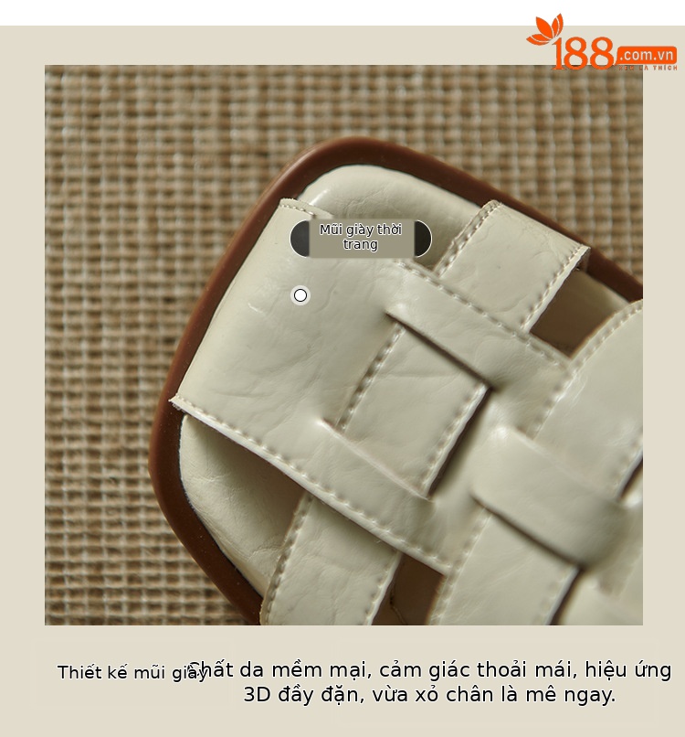 Sandal bít mũi nữ da thật kiểu Pháp cổ điển, gót trung dệt rỗng — Màu nâu, Màu đen, Màu trắng be chi tiết 4