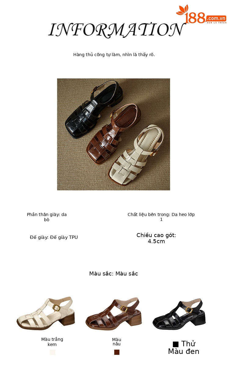 Sandal bít mũi nữ da thật kiểu Pháp cổ điển, gót trung dệt rỗng — Màu nâu, Màu đen, Màu trắng be chi tiết 2