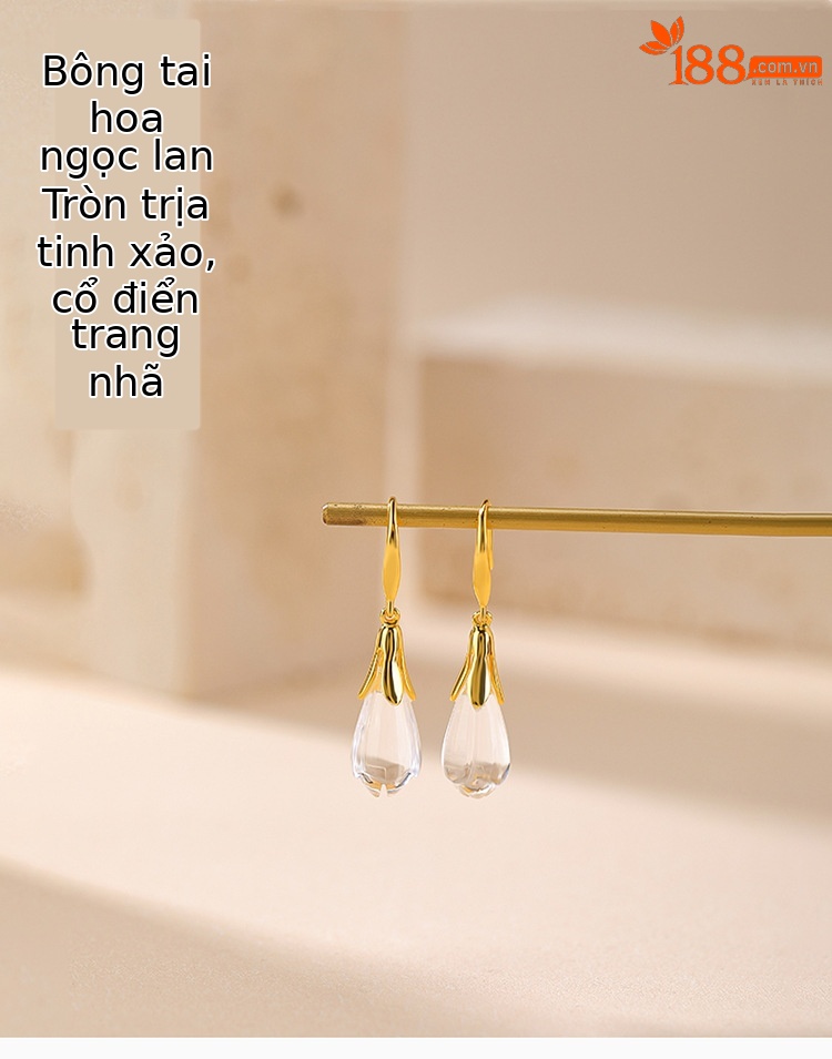 Bông tai bạc S925 mạ vàng đính pha lê trắng hình hoa mộc lan dáng móc — Một cặp chi tiết 1