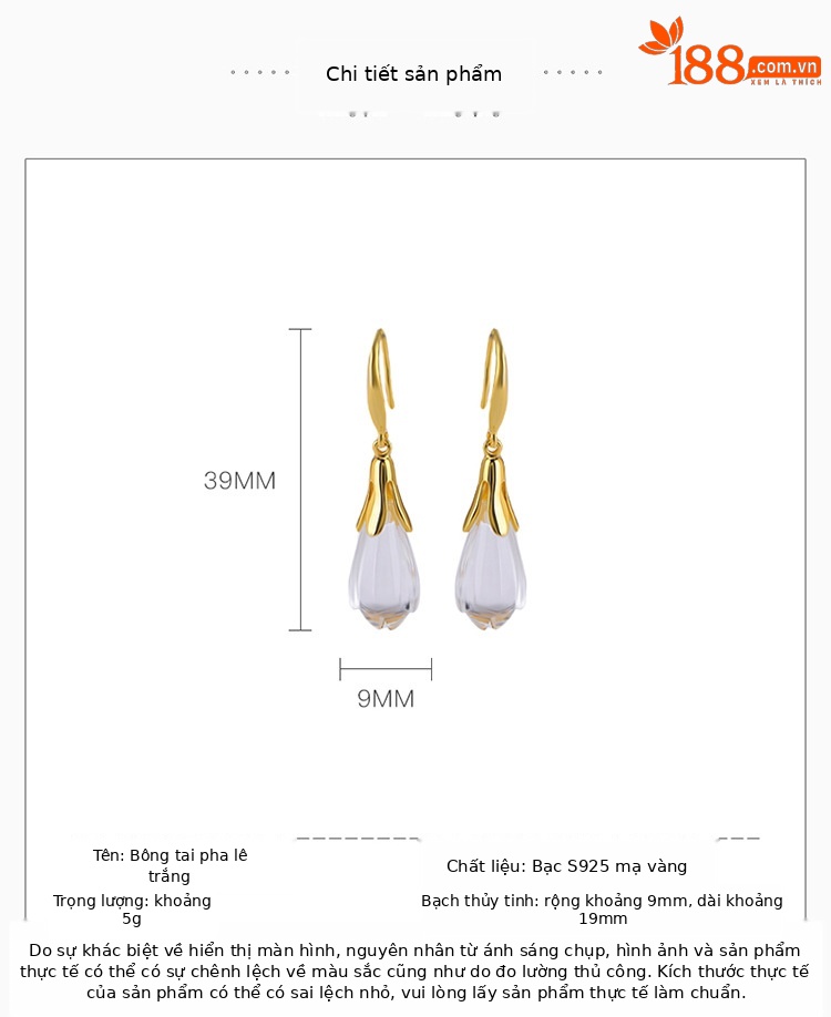 Bông tai bạc S925 mạ vàng đính pha lê trắng hình hoa mộc lan dáng móc — Một cặp chi tiết 2