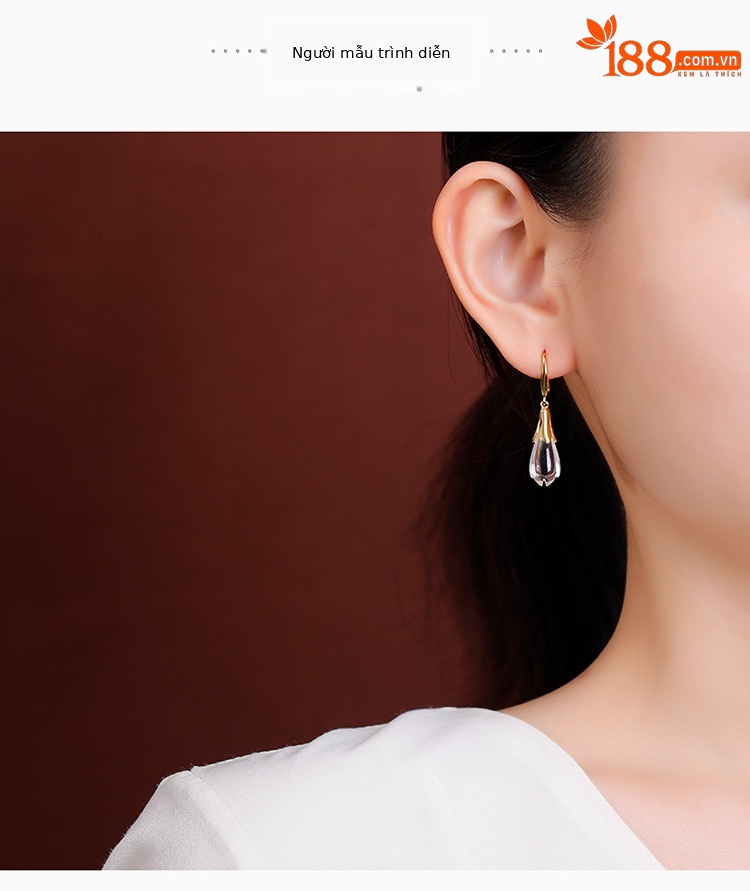 Bông tai bạc S925 mạ vàng đính pha lê trắng hình hoa mộc lan dáng móc — Một cặp chi tiết 3