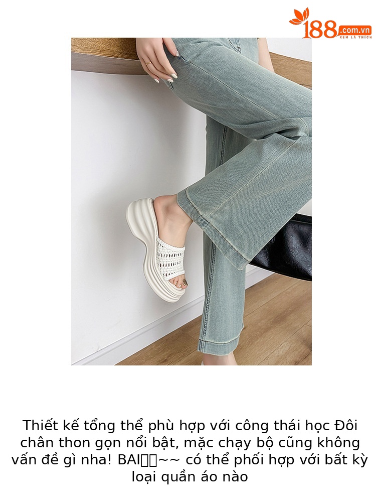 Dép sandal nữ đan mùa hè đế dày bánh mì hở ngón chân quai ngang tăng chiều cao — Màu đen, Màu trắng be chi tiết 2