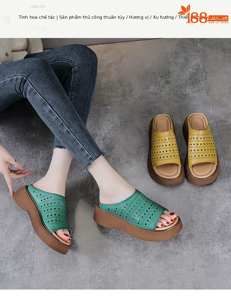 Dép sandal nữ xỏ ngón đế bệt da bò thật mềm — màu xanh lá cây chi tiết 1