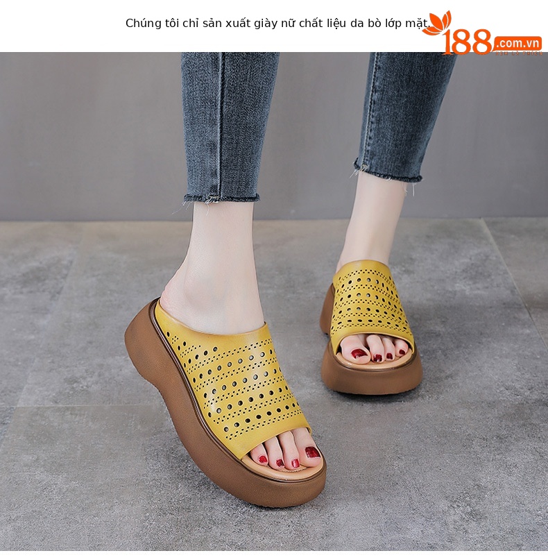 Dép sandal nữ xỏ ngón đế bệt da bò thật mềm — màu xanh lá cây chi tiết 2