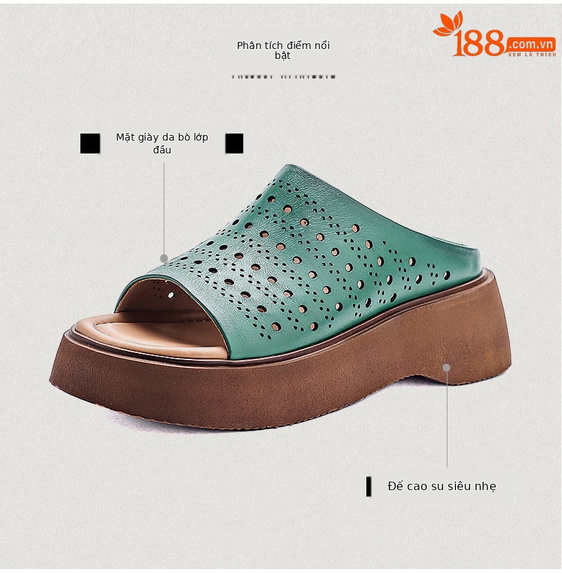 Dép sandal nữ xỏ ngón đế bệt da bò thật mềm — màu xanh lá cây chi tiết 3