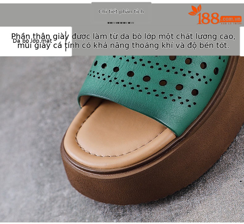 Dép sandal nữ xỏ ngón đế bệt da bò thật mềm — màu xanh lá cây chi tiết 4