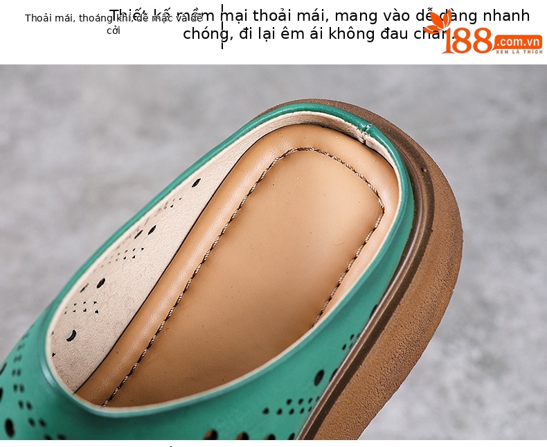 Dép sandal nữ xỏ ngón đế bệt da bò thật mềm — màu xanh lá cây chi tiết 6