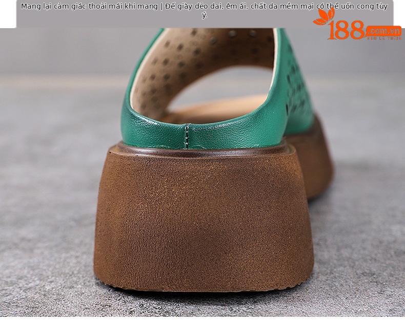 Dép sandal nữ xỏ ngón đế bệt da bò thật mềm — màu xanh lá cây chi tiết 8