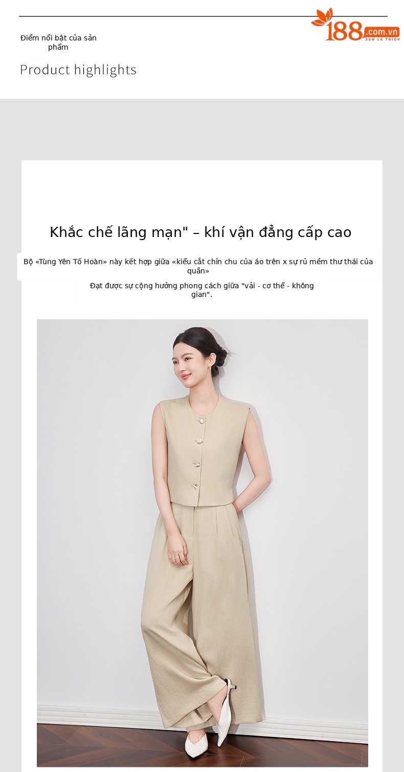 Bộ áo vest không tay vải lanh kết hợp quần ống rộng phong cách tiền cũ — Màu kaki chi tiết 4