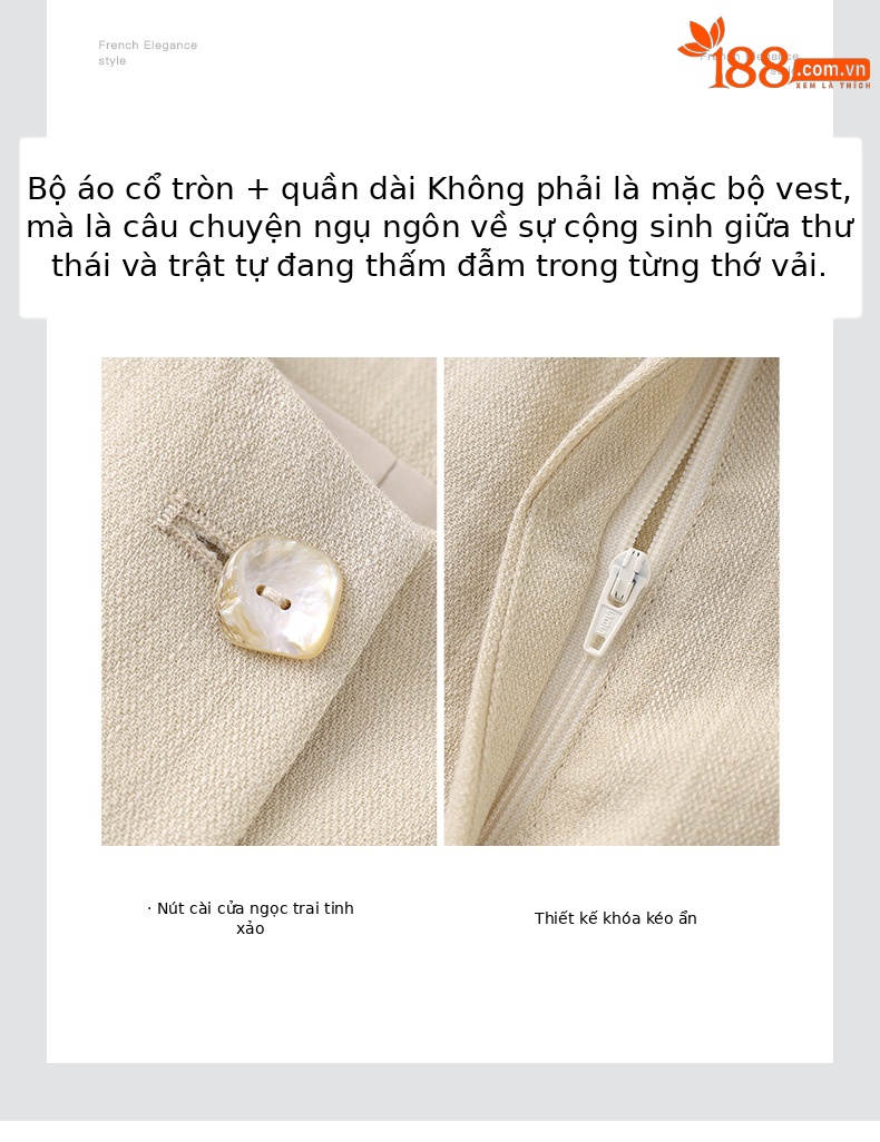Bộ áo vest không tay vải lanh kết hợp quần ống rộng phong cách tiền cũ — Màu kaki chi tiết 5