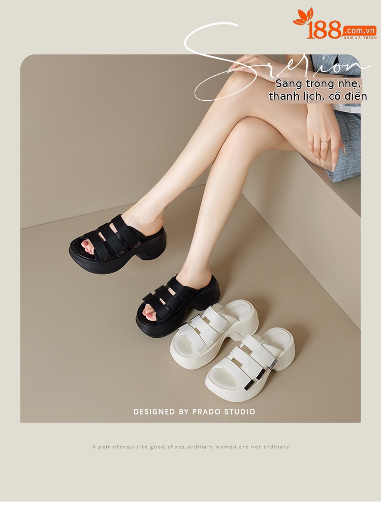 Dép sandal hở mũi nữ đế bệt 7cm tăng chiều cao quai ngang Velcro — đen, Màu trắng sữa chi tiết 1