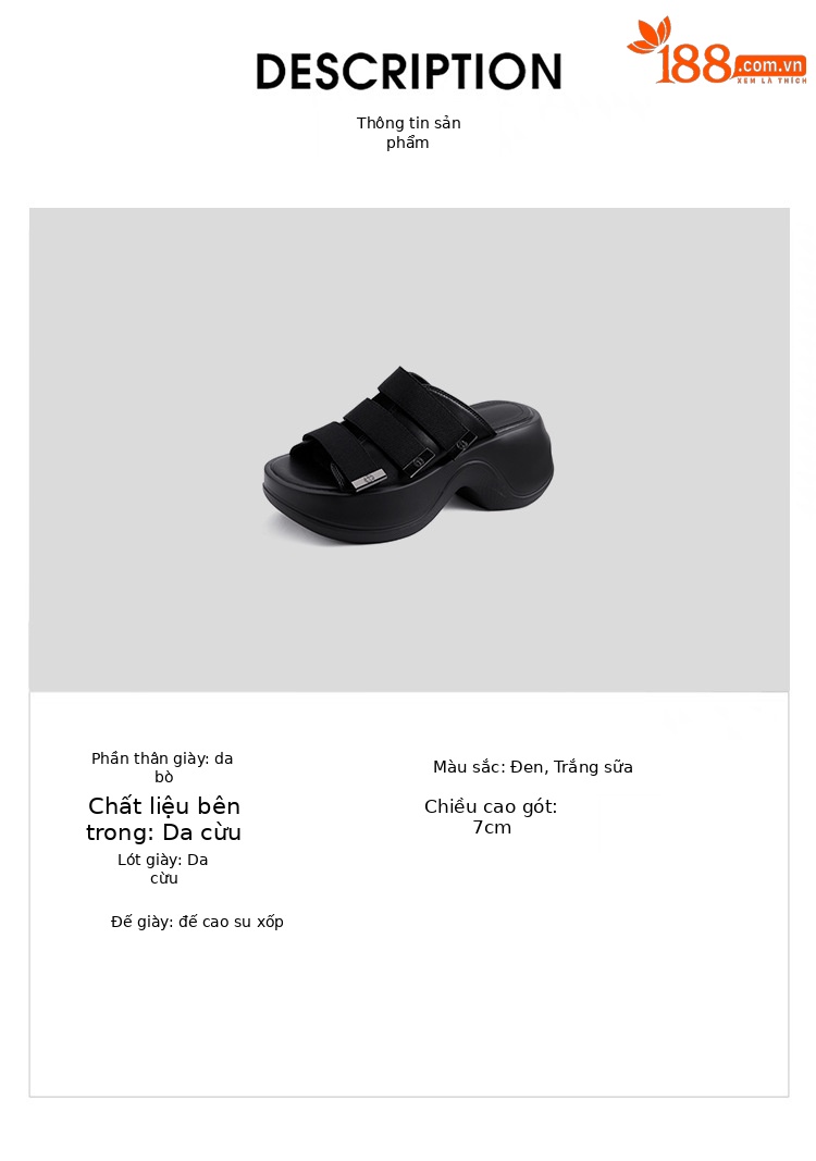 Dép sandal hở mũi nữ đế bệt 7cm tăng chiều cao quai ngang Velcro — đen, Màu trắng sữa chi tiết 2