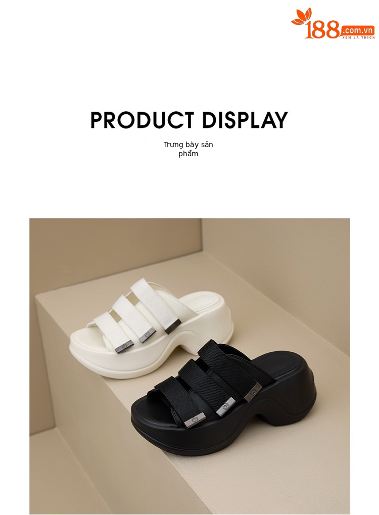 Dép sandal hở mũi nữ đế bệt 7cm tăng chiều cao quai ngang Velcro — đen, Màu trắng sữa chi tiết 20