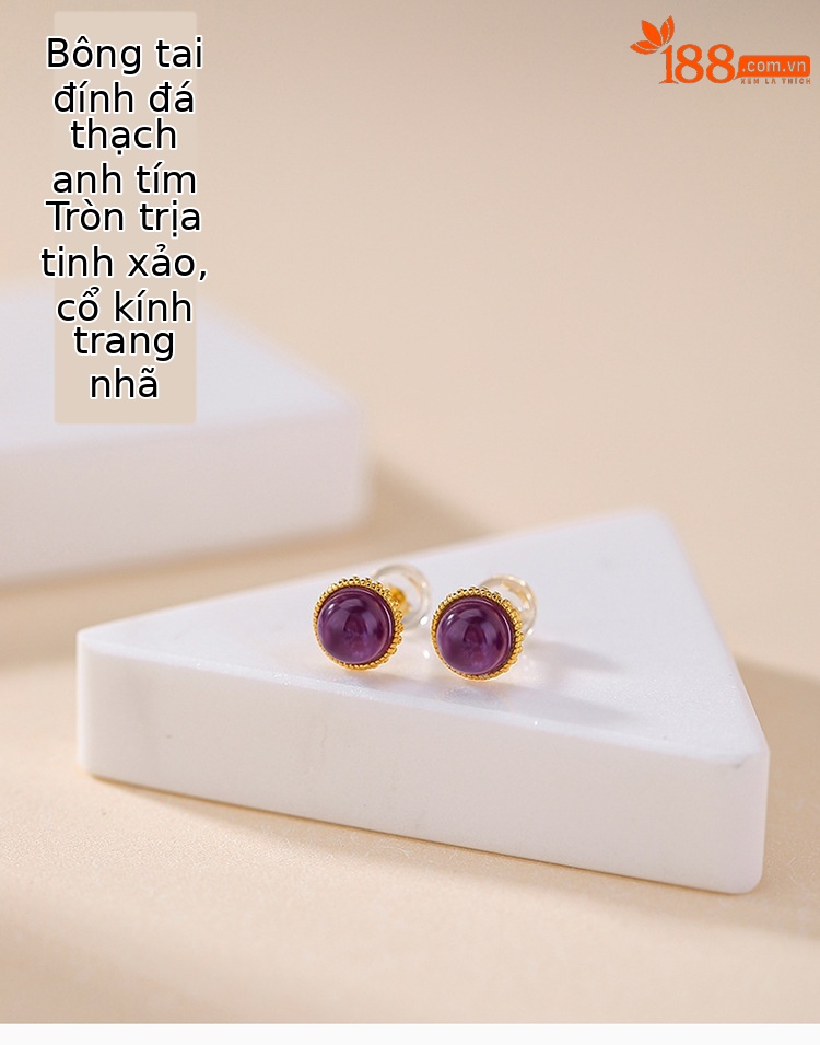 Bông tai bạc S925 mạ vàng đính thạch anh tím hạt tròn — một cặp chi tiết 1