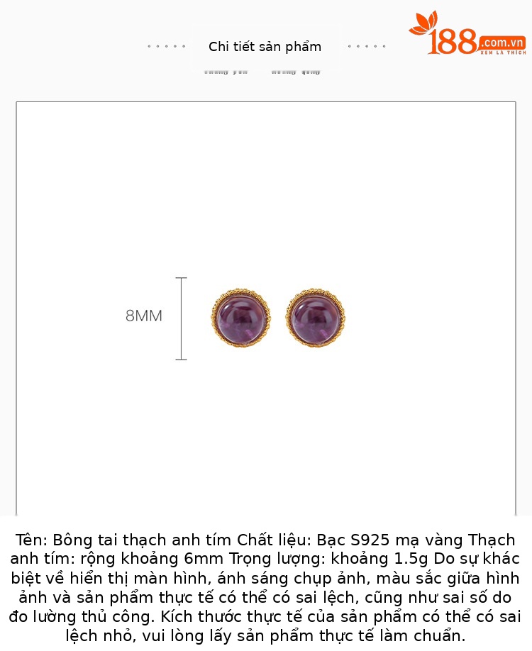 Bông tai bạc S925 mạ vàng đính thạch anh tím hạt tròn — một cặp chi tiết 2