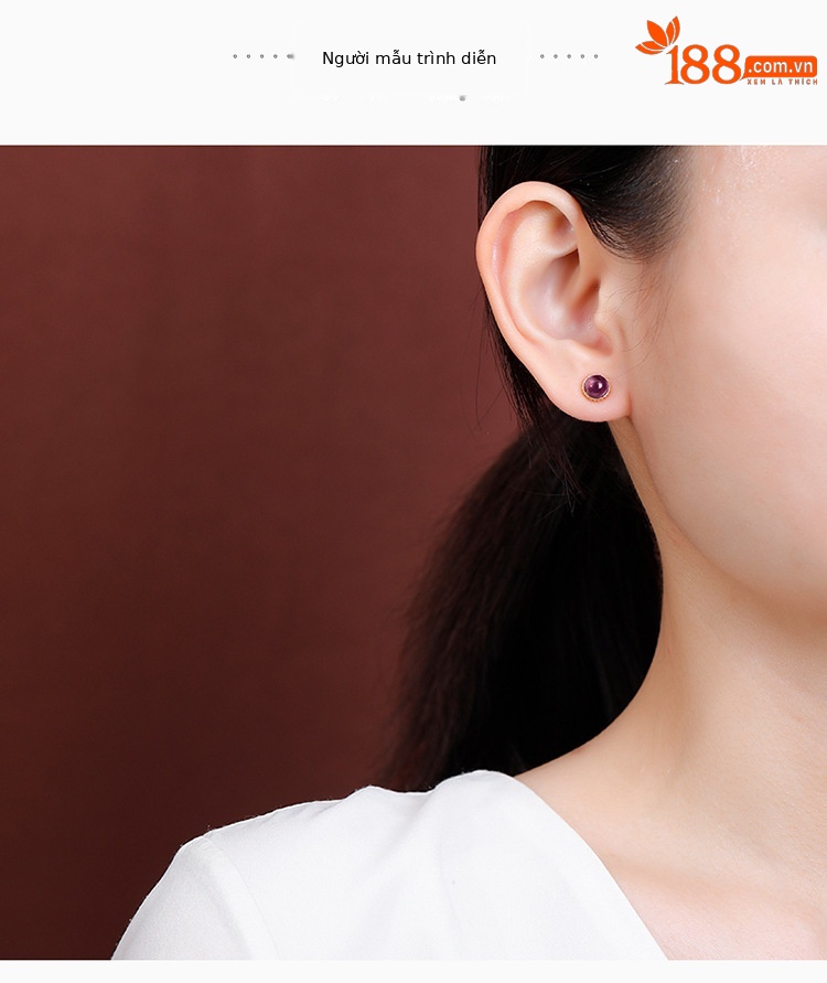 Bông tai bạc S925 mạ vàng đính thạch anh tím hạt tròn — một cặp chi tiết 3
