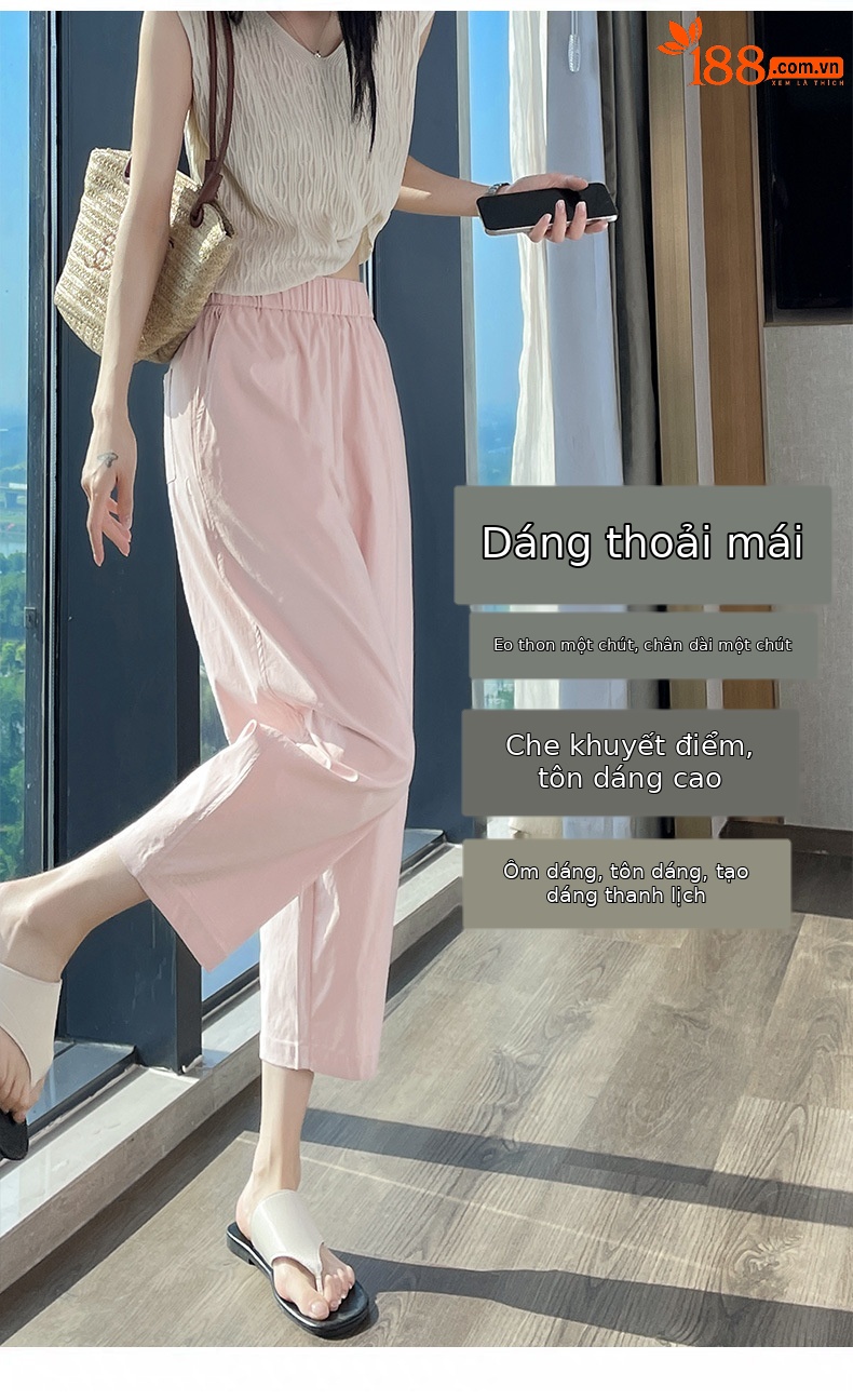 Quần tây nữ ống đứng lưng thun co giãn chống nắng nhanh khô mỏng nhẹ — Màu trắng trà chi tiết 10