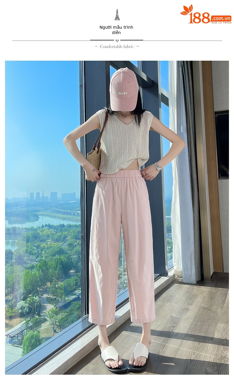 Quần tây nữ ống đứng lưng thun co giãn chống nắng nhanh khô mỏng nhẹ — Màu trắng trà chi tiết 19