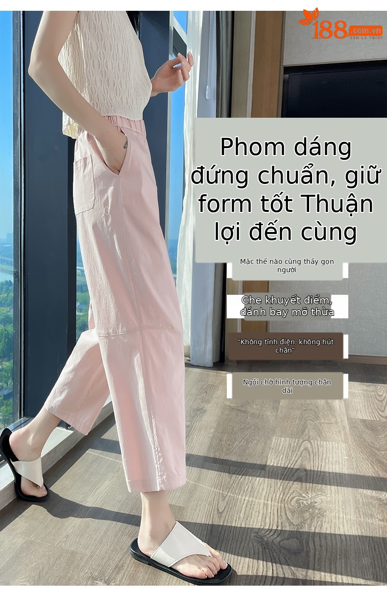 Quần tây nữ ống đứng lưng thun co giãn chống nắng nhanh khô mỏng nhẹ — Màu trắng trà chi tiết 2