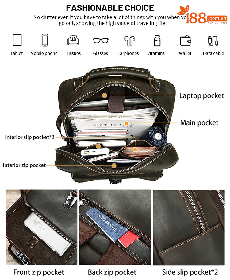 Ba lô nam da bò cao cấp phong cách phẳng 14 inch, da ngựa điên, sức chứa lớn — Màu cà phê chi tiết 1